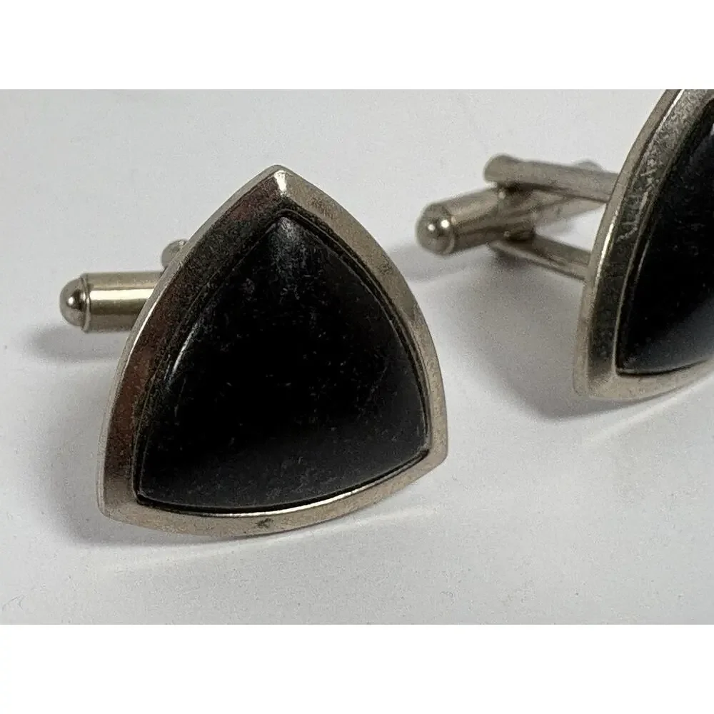 Vintage Black Onyx Style Triangle Cufflinks Silver Tone Men’s Formal Wear